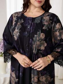 Al Najma 大码女式印花撞色蕾丝边优雅阿拉伯风格连衣裙 - 彩色 - 查看 9