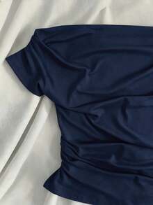 Glimmora Black Solid Color Pleated Off-Shoulder Casual Short Sleeve T-Shirt, Summer - Navy Blue - View 4