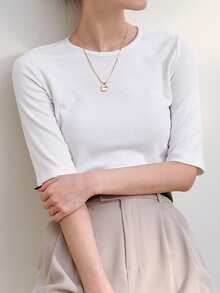 Dazy-Less Solid Round Neck Tee Old Money Style Preppy Tops Business Casual Woman Work Clothes - White - View 8
