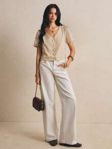 Poéselle Áo sơ mi mùa hè dáng suông tay cánh hoa màu vải lanh - Màu Khaki - Xem 5
