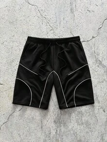 EVRINFINITE Quần short nam màu đen với đường chỉ cong màu trắng và cạp chun, phong cách đường phố. - màu đen - Xem 1