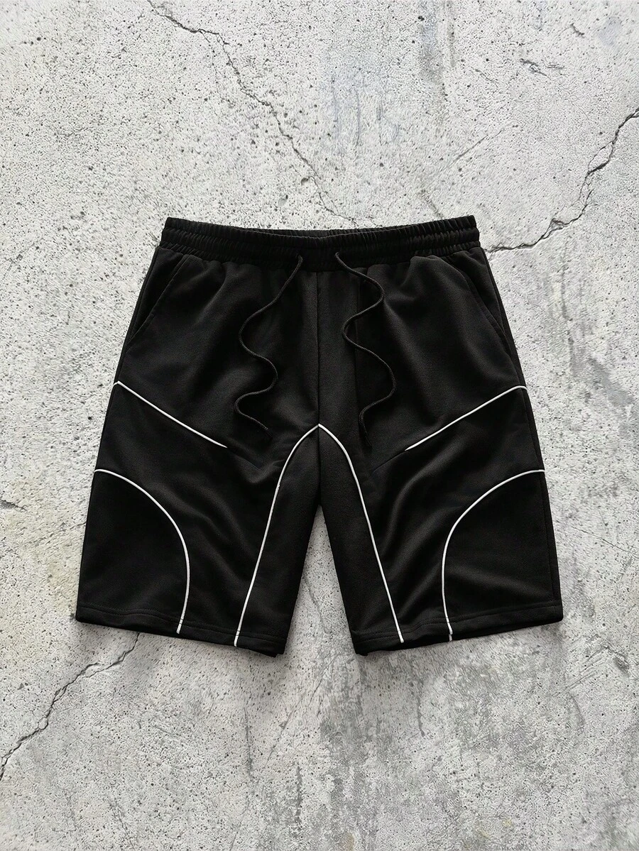 EVRINFINITE Quần short nam màu đen với đường chỉ cong màu trắng và cạp chun, phong cách đường phố. - màu đen - Xem 1