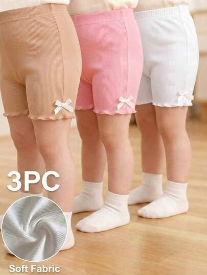 SHEIN Bộ 3 quần short dệt kim gân sọc mùa hè cho bé gái, cạp chun, phối màu tương phản, có nơ trang trí.