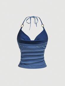 Sweetra Women's Summer Casual Vacation Fashion Street Chic Daily Commute Metal Decor Knot Halter Denim Top - Blue - View 2