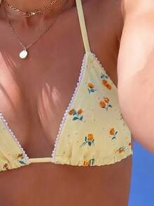 Swim Mod Bộ bikini gợi cảm buộc dây cổ sau lưng, ren và đính ngọc trai, thích hợp cho kỳ nghỉ hè ở bãi biển dành cho nữ. - Màu vàng - Xem 6