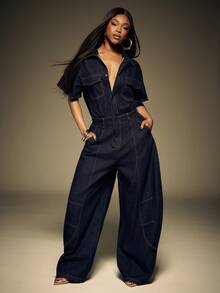 Denimoi Bộ áo liền quần denim ống loe, thời trang denim, áo liền quần denim cá tính, trang phục dự tiệc brunch, thời trang đường phố. - Rửa tối - Xem 3