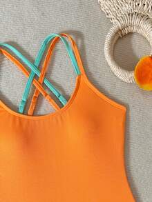 Traje de baño de una pieza con bloques de color para adolescentes, adecuado para vacaciones en la playa, fiestas en la piscina, fiestas en la playa - Naranja - Ver 3