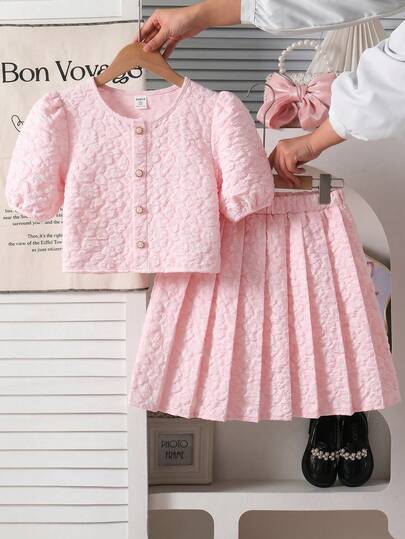 Genkimix Kids Girls Casual Elegant White Shiny Jacquard Pearl Button Cardigan Top Paired With Pleated Skirt Set Girls 2pcs Pink Skirt Set Cute Vintage Style Skirt Set 2 Piece Skirt Set For Girl