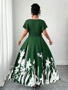 Elenzga Plus Size Women's Dark Green V-Neck Bowknot Waist A-Line Dress,Printed Patchwork Ruffled Hem Summer Elegant Tea Party Dress For Daily,Vacation,Work - Multicolor - View 2