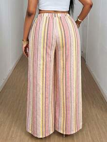 Maweii Plus Size Women Striped Patchwork Casual Loose Wide Leg Pants, Versatile For Daily Wear - Pink - View 2
