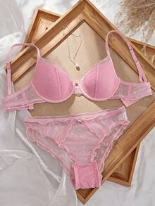 DAZY 2pcs Polka Dot Lace Patchwork Adjustable Spaghetti Strap Lightly Padded Bra And Sheer Panty Set - Baby Pink - View 6