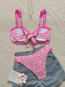 Swim Mod 2pcs/Set Girls' Special Fabric Pleated Floral Trim Tankini Top And Ruffled Trim Triangle Bottoms Swimwear - Multicolor - View 2