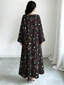 SHEIN Najma 黑色碎花连衣裙，女士时尚V领长袖连衣裙，优雅阿拉伯风格服装，春夏优雅长款连衣裙 - 彩色 - 查看 2