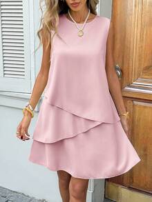 SHEIN LUNE Women's Casual Solid Color Round Neck Sleeveless Ruffle Hem Dress,Dresses For Women Summer - Dusty Pink - View 5