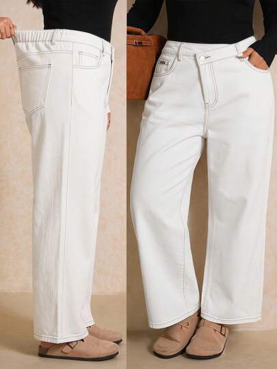Elaquor Plus Size Women's Asymmetrical Waist Slant Pocket Loose Fit Versatile Straight Leg Jeans, Comfortable Denim, White Jeans For Ladies, All Match, Versatile, Summer Jeans, Wide Leg Jeans, Loose-Fit Straight-Leg Jeans, Summer Outfits, Suitable For Daily Commuting, Office Wearing, Casual, Size Inclusivity, Skin Friendly Fabric Denim