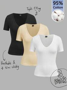 Tseoso 3pcs/Set Women's 95 Cotton Deep V-Neck Fitted Casual Short Sleeve Basic Tee Shirt Set, Suitable For Spring Summer, Everyday Black Orange White - Multicolor - View 1