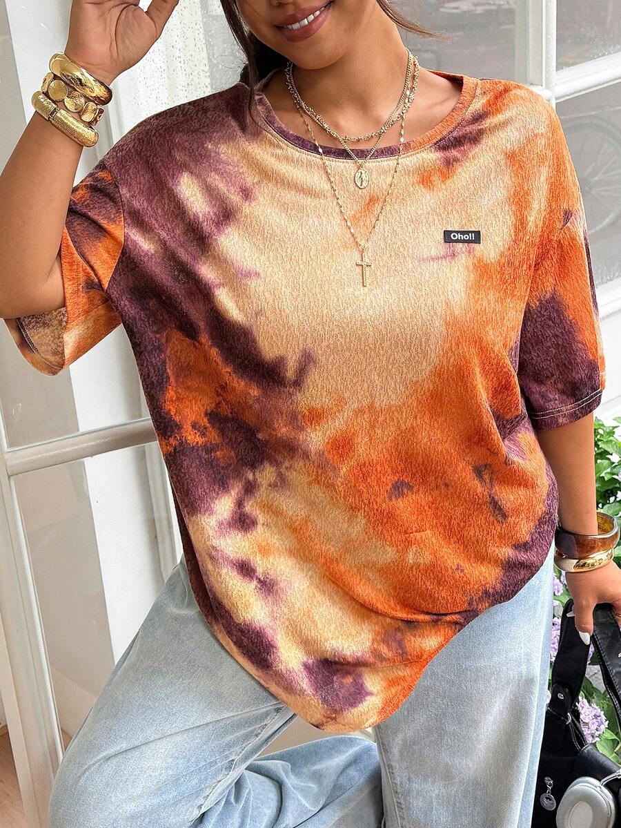 SHEIN EZwear 大码女式扎染印花圆领短袖休闲T恤 - 黑與白 - 查看 1