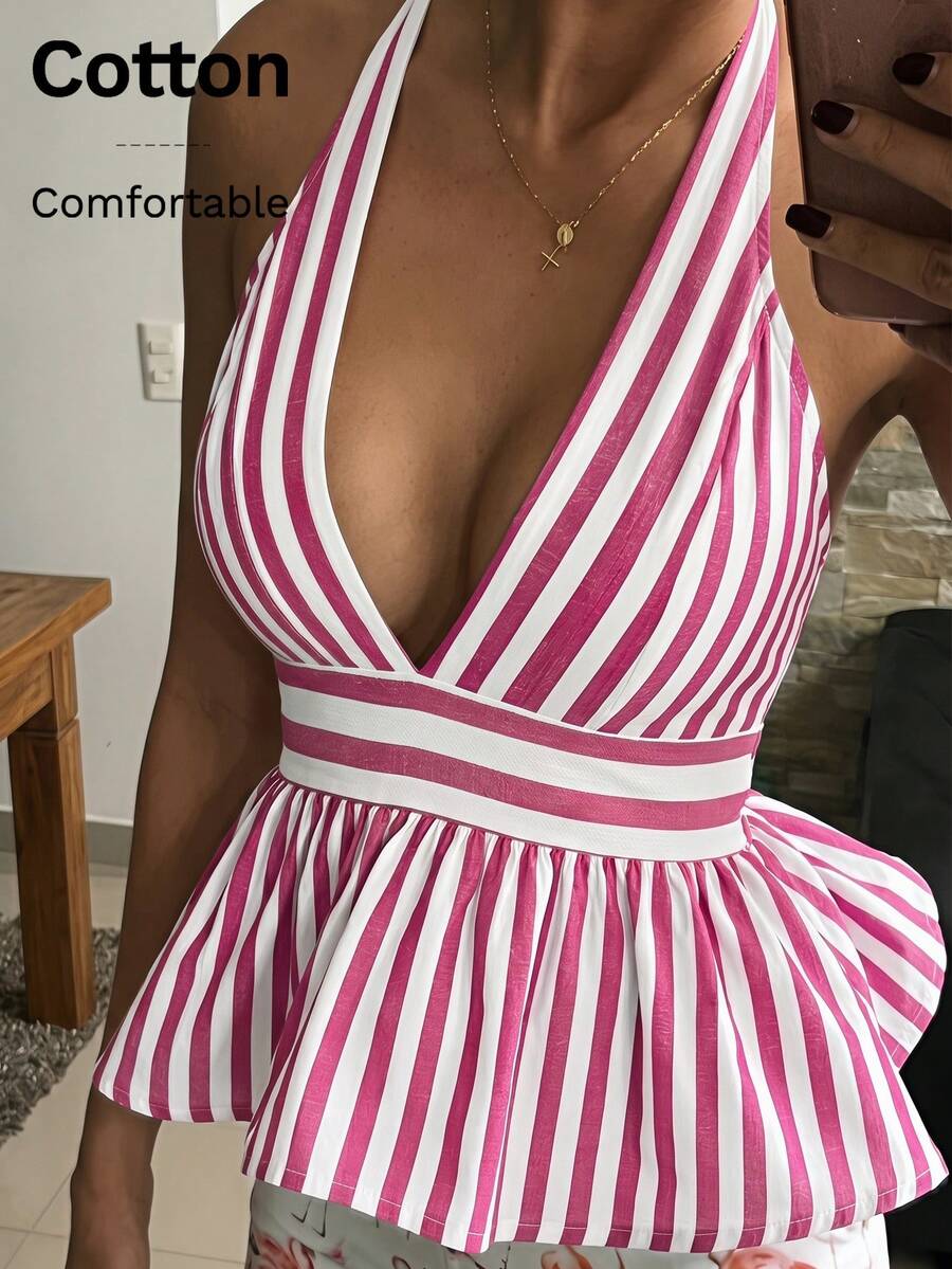 SHEIN SXY 女士条纹系领荷叶边休闲百搭日常衬衫