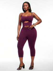 SHEIN SXY Plus Size Lace Patchwork Hollow Out Fitted Jumpsuit - Red Violet - View 7