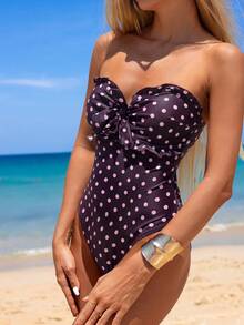 Swim Mod 1 pieza Traje de baño con volantes, lazo y tirantes ajustables y desmontables con estampado de lunares 2026, estilo casual de playa y vacaciones para mujeres - Multicolor - Ver 5