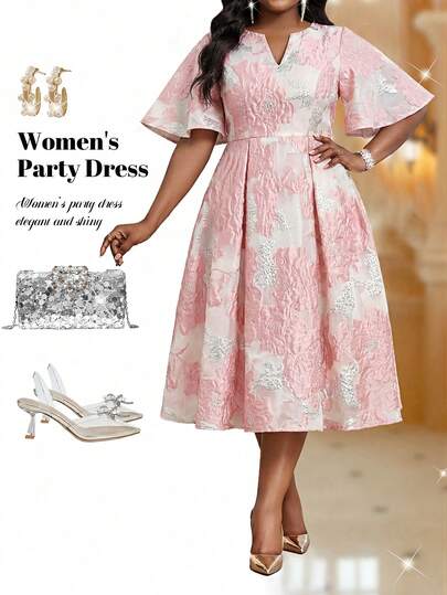 Fleurora Spring And Summer Elegant Modest Party Wedding Cocktail Party Concert/Music Festival Pink Woven Notched Flared Midi Short Sleeve Plus Size Dresses