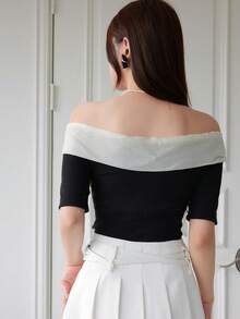 DAZY Women's Off Shoulder Contrast Color Bow Decor Fitted Short Sleeve T-Shirt Cute Tops,Crop Tops Women Going Out Tops - Black and White - View 2
