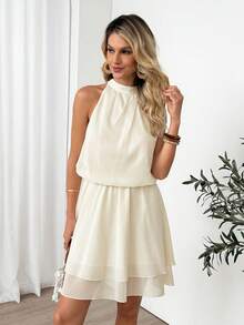 Easowa Vestido mini elegante de unicolor con cuello halter para mujer, de verano - Albaricoque - Ver 7