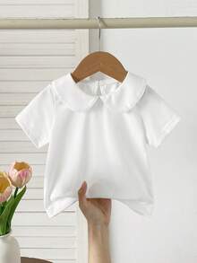 SHEIN Vintaside Kids 女婴夏季简约纯色彼得潘领短袖上衣 - 白色 - 查看 1