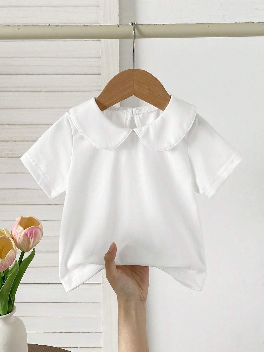 SHEIN Vintaside Kids 女婴夏季简约纯色彼得潘领短袖上衣 - 白色 - 查看 1