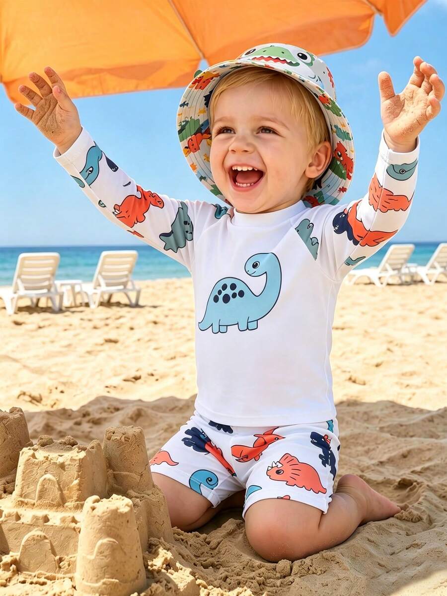 SHEIN Setelan 2 Potong Motif Liburan Tropis untuk Bayi/Balita Laki-laki - Atasan Lengan Pendek + Celana Pendek, Cocok untuk Liburan dan Bermain di Kolam Renang - MultiWarna - View 1