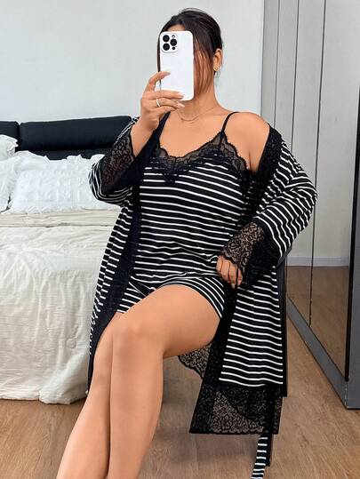 Napfluff CURVE Napfluff CURVE Plus Size Black & White Striped Lace Trim Casual Camisole Shorts & Robe Set For Women