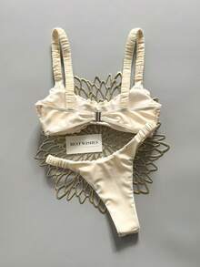 Swim Mod Women's Solid Color Ruched High Cut Sexy Bikini Set, Spring/Summer - Apricot - View 2