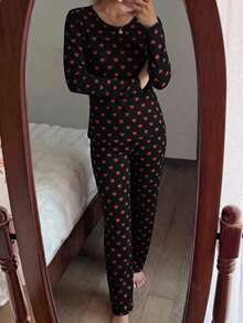 Heart Print Long Sleeve Top And Pants Pajama Set - Black - View 4