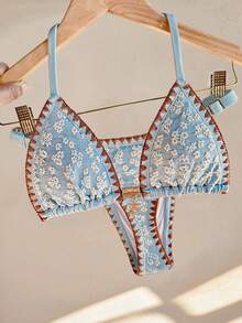 Swim Mod Set Bikini Segitiga Motif Bunga Biru Muda Gaya Boho 2 Potong untuk Wanita, Bordir Bunga Daisy Buatan Tangan, Hiasan Bintang Laut, Pakaian Renang Elastis untuk Liburan Pantai Musim Panas, Liburan - Biru - View 1