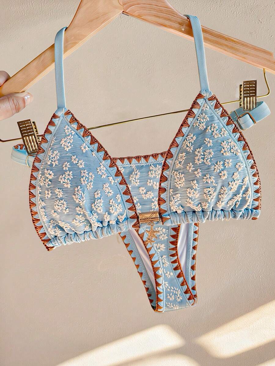 Swim Mod Set Bikini Segitiga Motif Bunga Biru Muda Gaya Boho 2 Potong untuk Wanita, Bordir Bunga Daisy Buatan Tangan, Hiasan Bintang Laut, Pakaian Renang Elastis untuk Liburan Pantai Musim Panas, Liburan - Biru - View 1