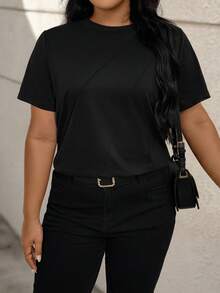 EMERY ROSE Plus Size Solid Color Round Neck Toothpick Decor Pullover T-Shirt - Black - View 7