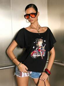Betty Boop x SHEIN Damen Casual Cartoon Muster asymmetrisches Schulter vielseitig Alltags T-Shirt - Schwarz - Übersicht 7