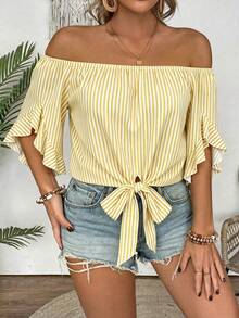 EMERY ROSE Plus Size Casual Striped Off-Shoulder Tie-Up Shirt - Yellow - View 3