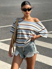Muchica Plus Size Women Blue Striped Contrast Color Off-Shoulder Casual T-Shirt City Break Summer - Multicolor - View 4