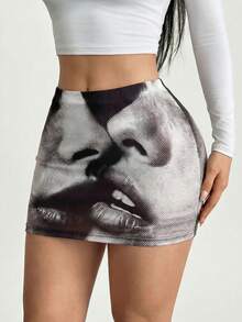 SHEIN SXY Women's Figure Print Elastic Waist Bodycon Mini Skirt - Multicolor - View 4