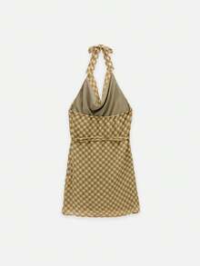 Nöista Vestido mini a cuadros con cuello de capucha drapeado y Body envolvente favorecedora. Cintura ajustable con lazo. Perfecto para día a noche, primavera, verano, otoño, looks de mujer, atuendo diario, festival, estilo bohemio, estampado de cuadros. - Azul - Ver 7