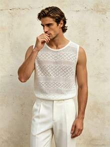 Manfinity Dauomo Men's Summer Casual Basic Basic Vacation Solid Color Hollow-Out Knit Sweater Vest Vacation White Vacation - Beige - View 3