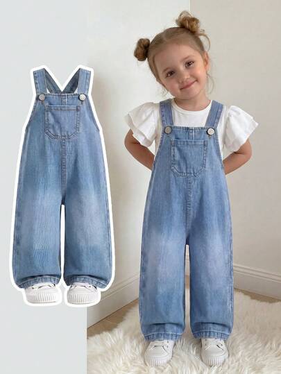 SHEIN Washed Denim Bib Pants For Baby Girls, Floral Print Loose Jumpsuit