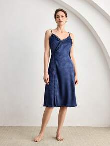 Ocili Satin Jacquard Women Nightgown - Navy Blue - View 4