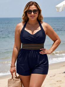 Swim Lushoire Elegant Adjustable Strap Plus Size One-Piece Palazzo Pants For Vacation - Navy Blue - View 4