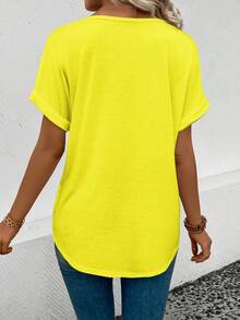 EMERY ROSE Damen V-Ausschnitt Kurzarm Manschetten Federn Muster Casual Vielseitiges T-Shirt, Frühling/Sommer - Gelb - Übersicht 2