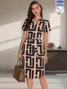 SHEIN Clasi Váy nữ cổ chữ V tay ngắn họa tiết hình học - Nhiều màu - Xem 6