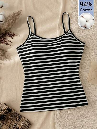 Tseoso 94% Cotton Casual Striped Tank Top, Versatile For Spring/Summer, Suitable For Summer, Vacation, Daily Commute, Dating, Party, Autumn/Winter, Party, Wedding, Beach, Graduation, Fashionable, Elegant, Casual, Outing, Dating, Reservation, Commute, Shiny, Elegant, Vacation, Casual, Y2K, Outing, Graduation And Other Occasions