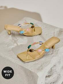 SHUZIA Wide Fit Women's Square Toe Gem Stones Kitten Heel Thong Sandals - Gold - View 5