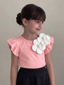 SHEIN Young Girl Summer Casual Vacation Sweet Cute Solid Color Faux Pearl 3D Floral Ruffle Armhole T-Shirt - Pink - View 6